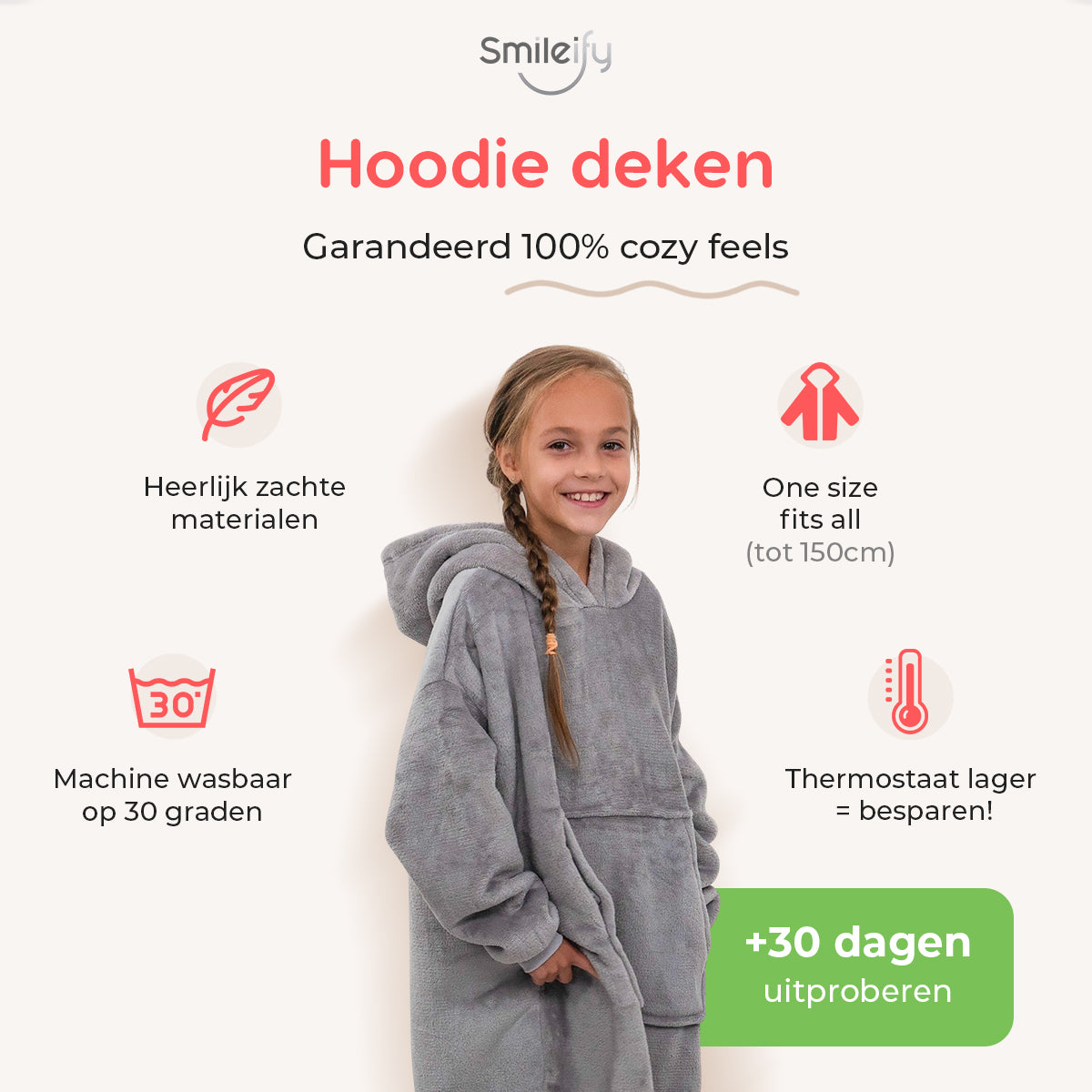 Smileify™ Hoodie Deken - Grijs - Kids