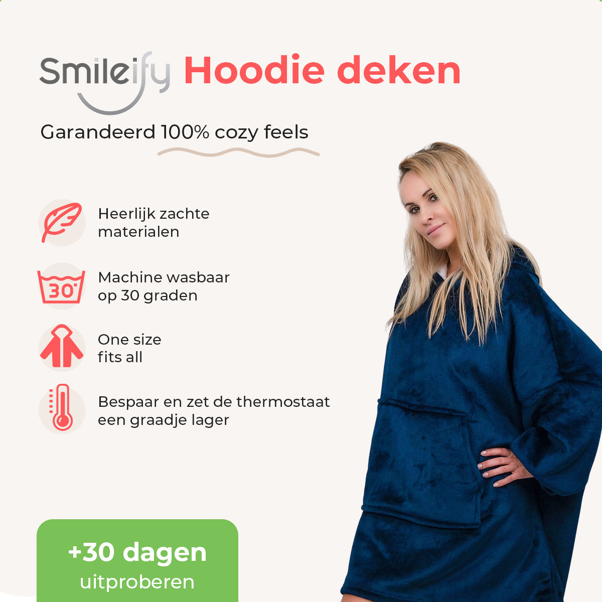 Smileify™ Hoodie Deken - Donker Blauw - Pro